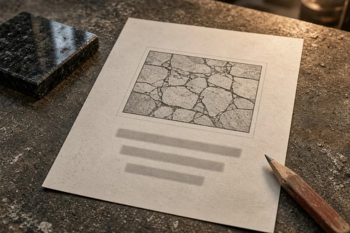 A paper engraving proof for a pet memorial stone lying on a workbench next to a pencil and a small granite sample