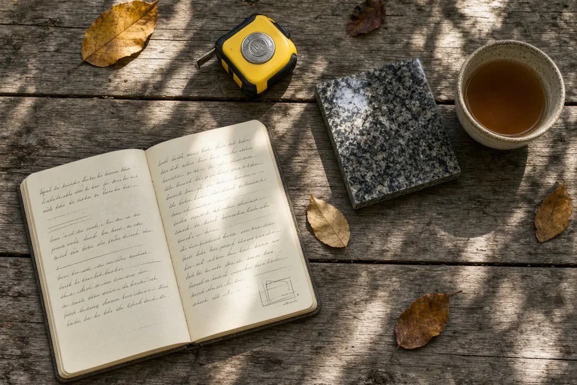 A notebook with handwritten wording drafts, a tape measure, a small engraved stone sample and a cup of tea on a sunny garden table