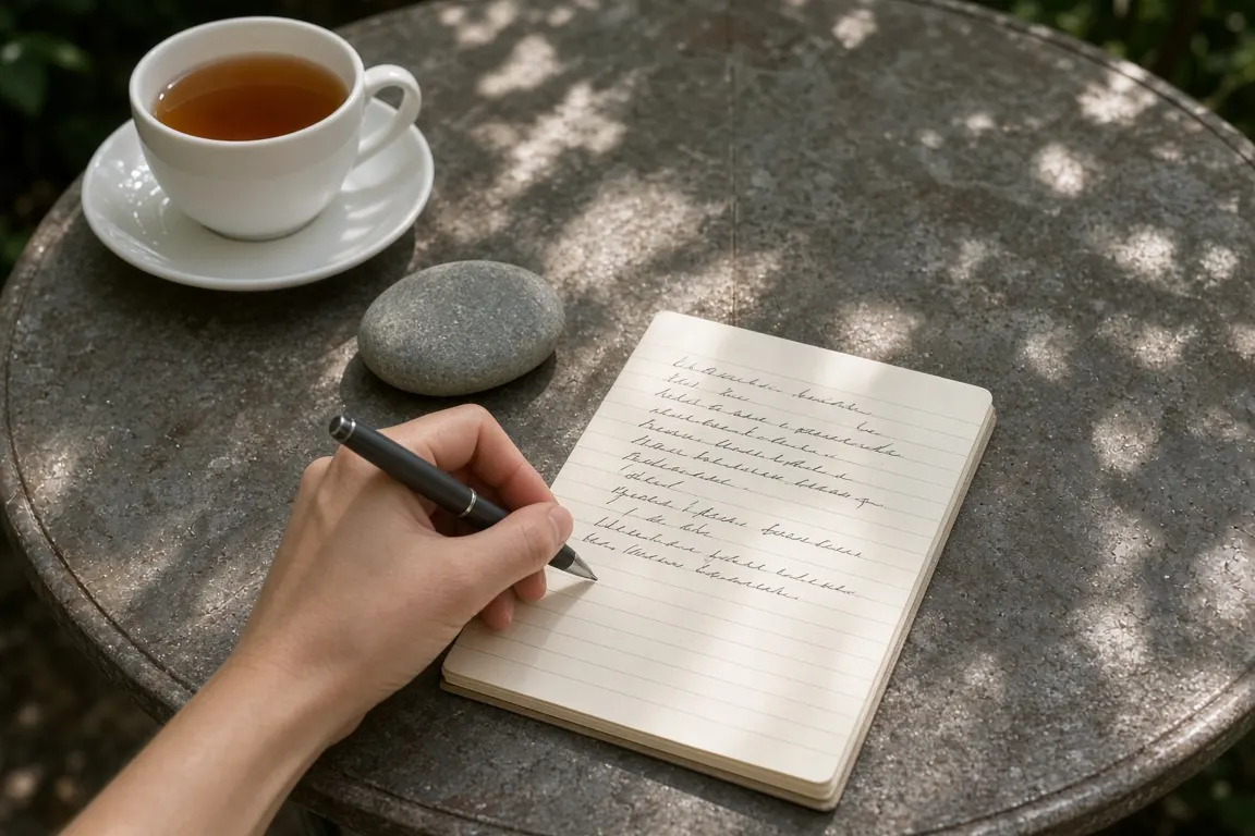 A person writing a pet's name on a notepad at a garden table beside a cup of tea and a smooth grey stone