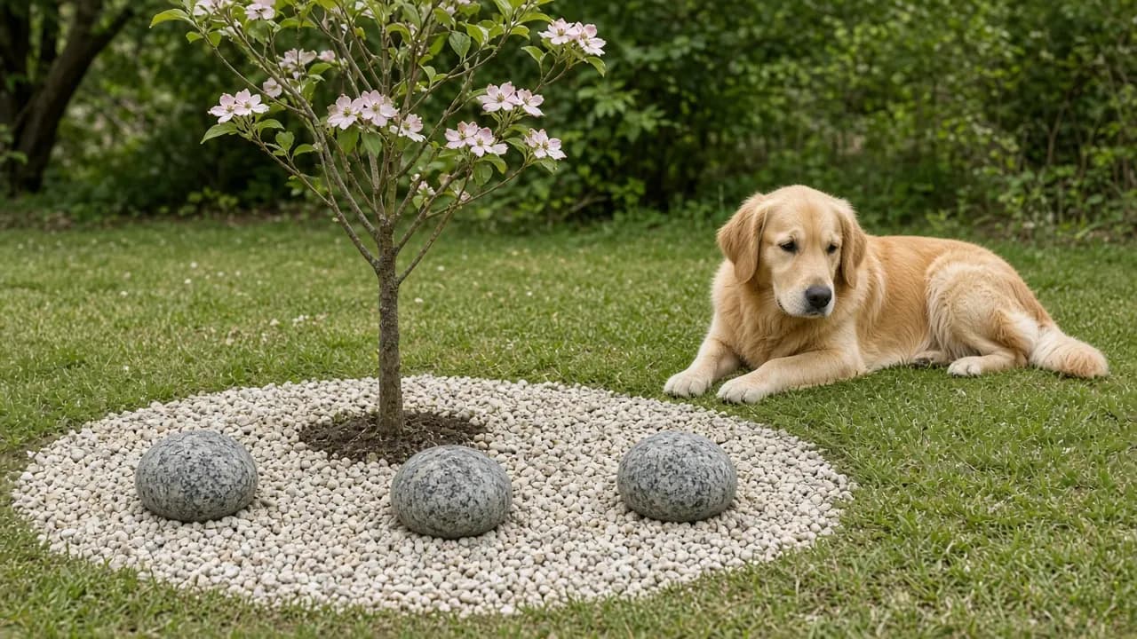 Three matching small grey granite pet stones set in an arc of pale gravel around a young dogwood tree, with space left for more, and a golden retriever lying nearby