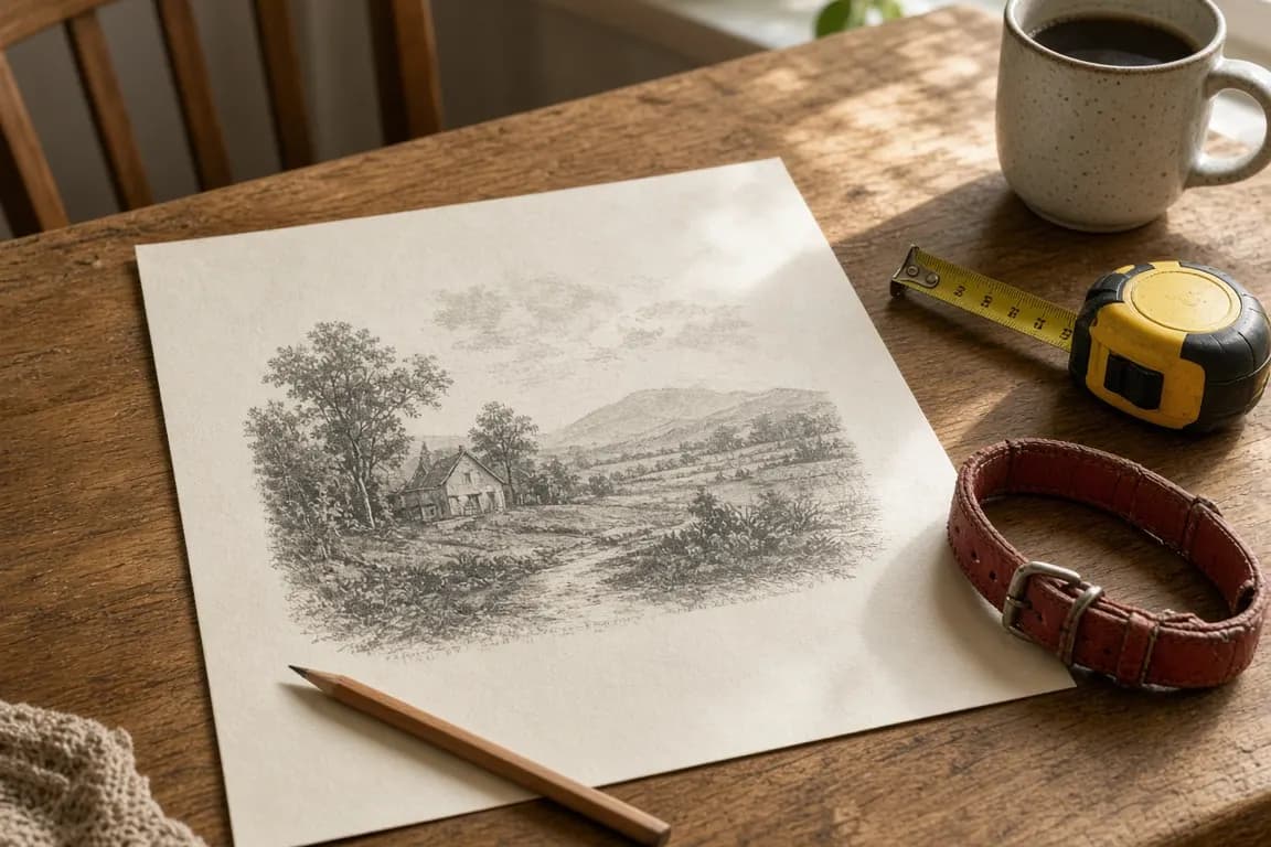 A printed engraving proof for a small pet memorial stone laid on a kitchen table beside a pencil, a tape measure and a dog's collar