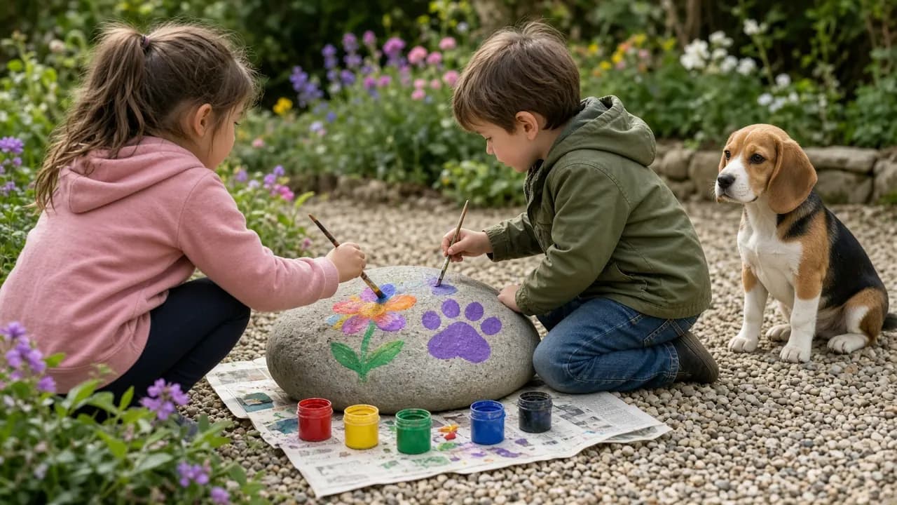 Two children kneeling on a garden path painting colorful flowers and a paw print on a smooth grey rock, with a young beagle watching them