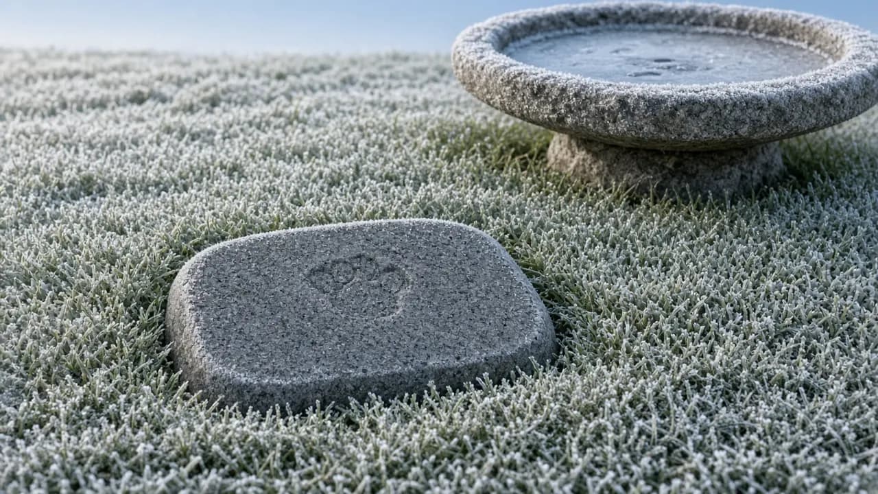 A grey granite pet marker with crisp lettering, edged with frost on a cold clear morning beside a frozen birdbath