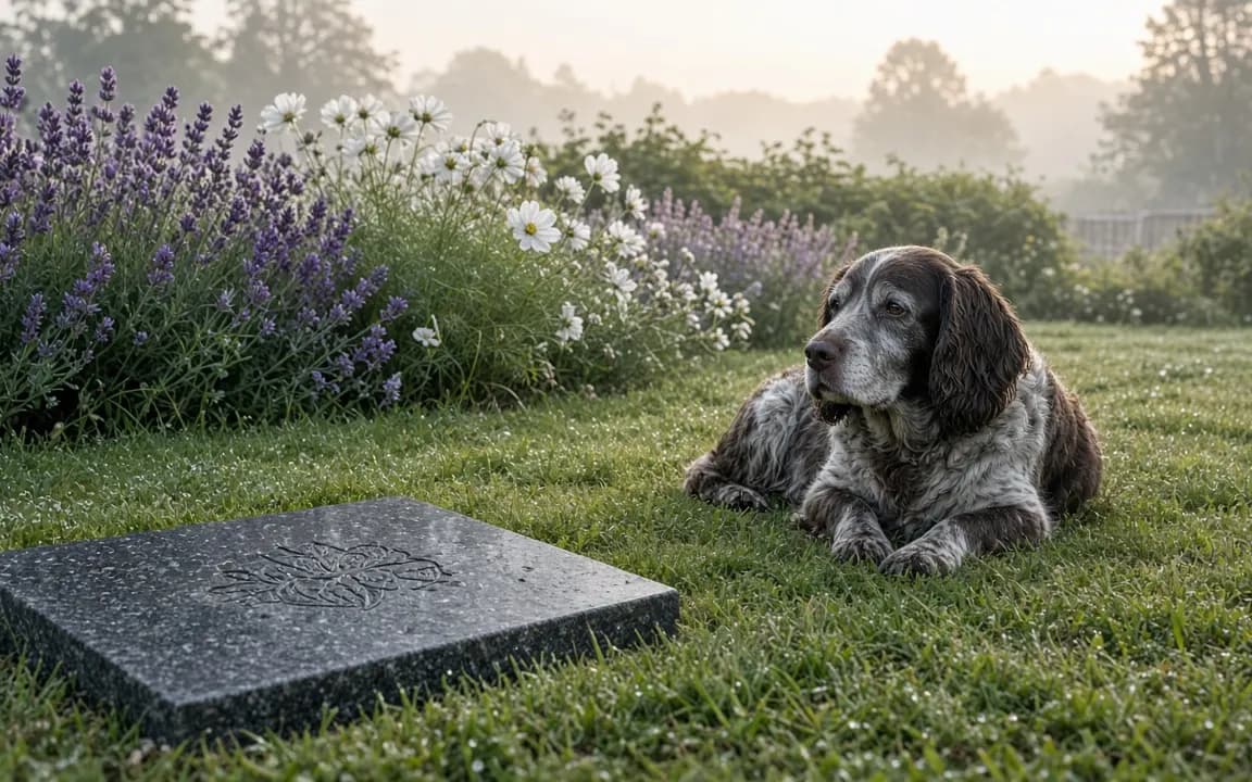 A pet memorial stone that still reads clearly in twenty winters