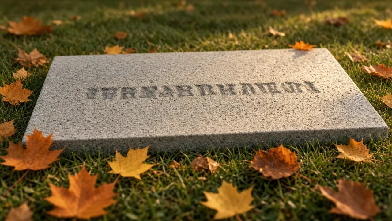 A grey granite memorial stone engraved with a dog's name set flush in a lawn beside autumn leaves