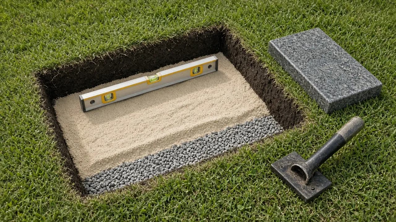 A shallow rectangular hole in a lawn with a layer of crushed gravel and sand, a spirit level resting across it and a flat granite pet marker waiting beside it