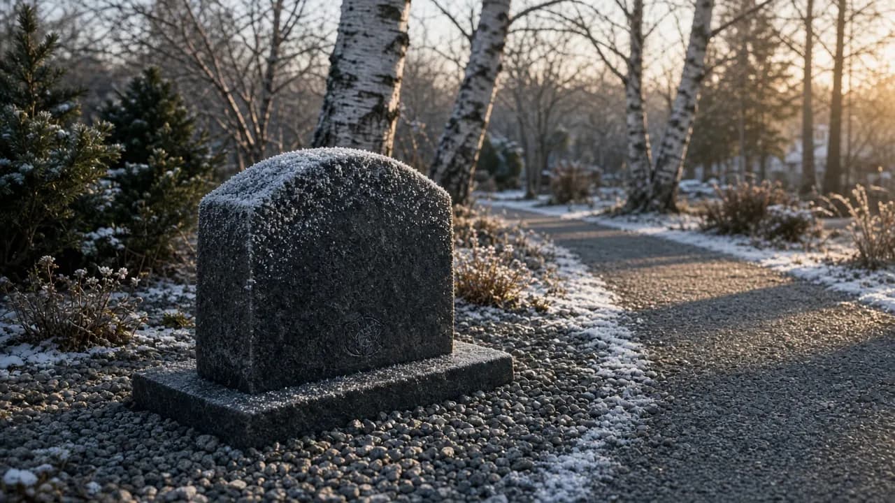 A granite pet memorial stone lightly dusted with frost beside a snow-edged path on a clear winter morning