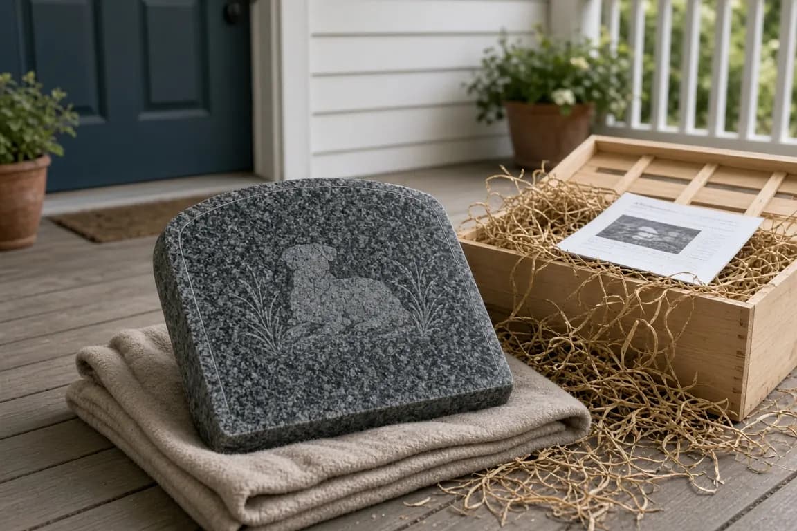 A newly delivered grey granite pet memorial stone resting on a folded blanket on a porch, beside its opened wooden crate and a printed proof