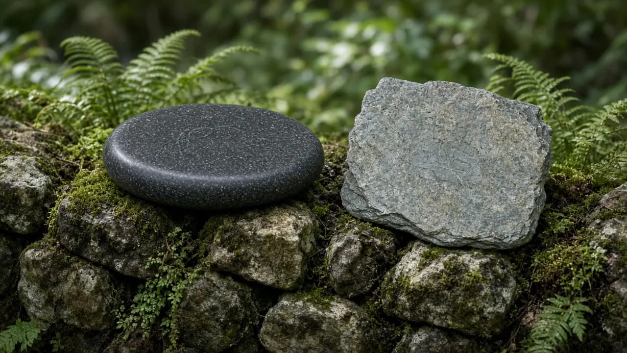 A honed black granite pet marker and a natural grey slate plaque side by side on a mossy garden wall with ferns