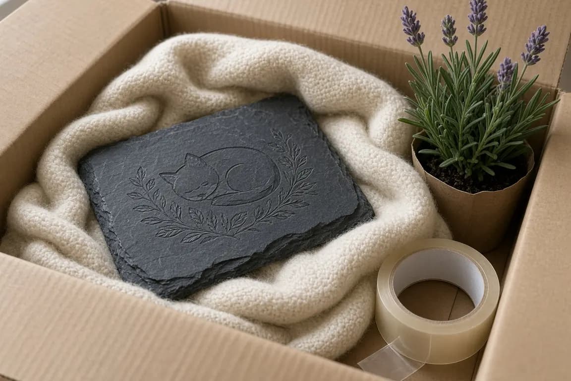 A small engraved slate pet memorial stone wrapped in a folded wool blanket inside a moving box, beside a potted lavender cutting and a roll of packing tape