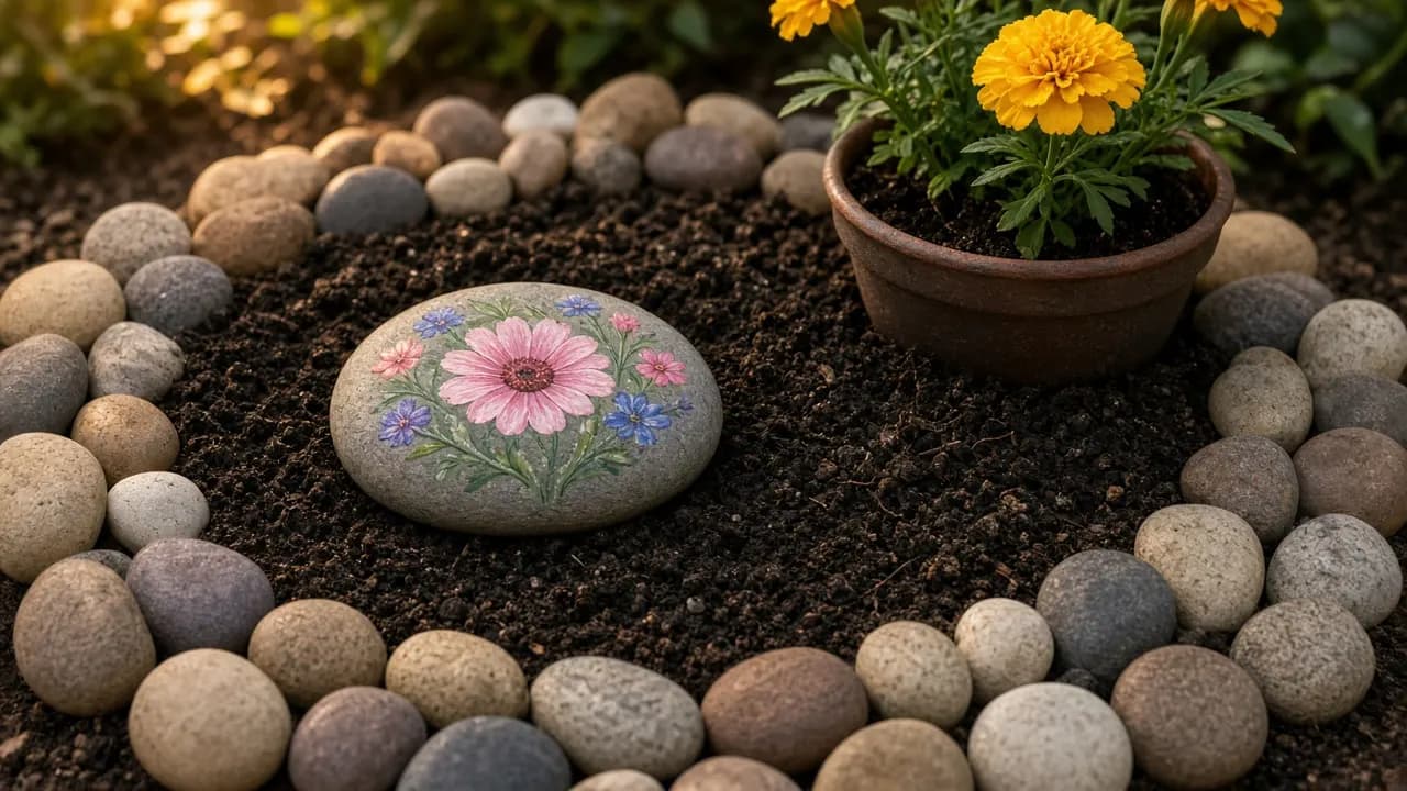 A circle of smooth beach pebbles around fresh soil in a garden bed, with a hand-painted rock and a small pot of yellow marigolds, in soft evening light