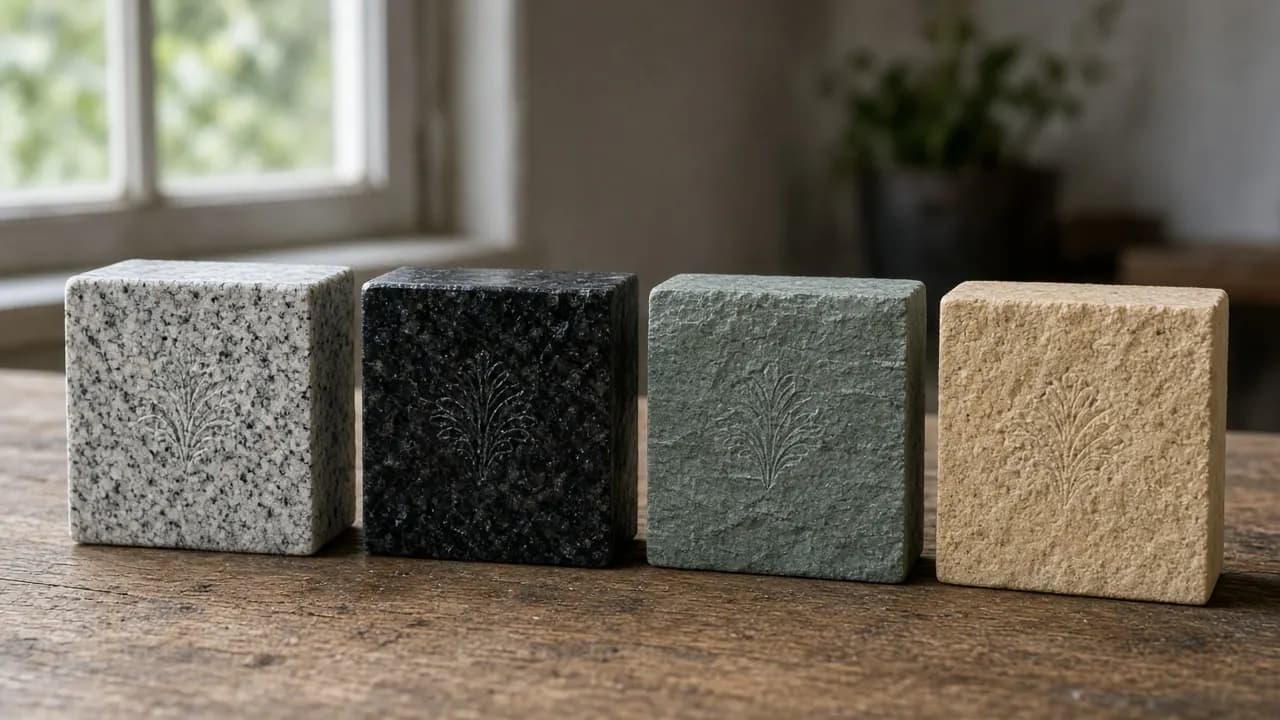 Four small memorial stone samples in grey granite, black granite, green slate and tan sandstone laid on a wooden workbench in daylight
