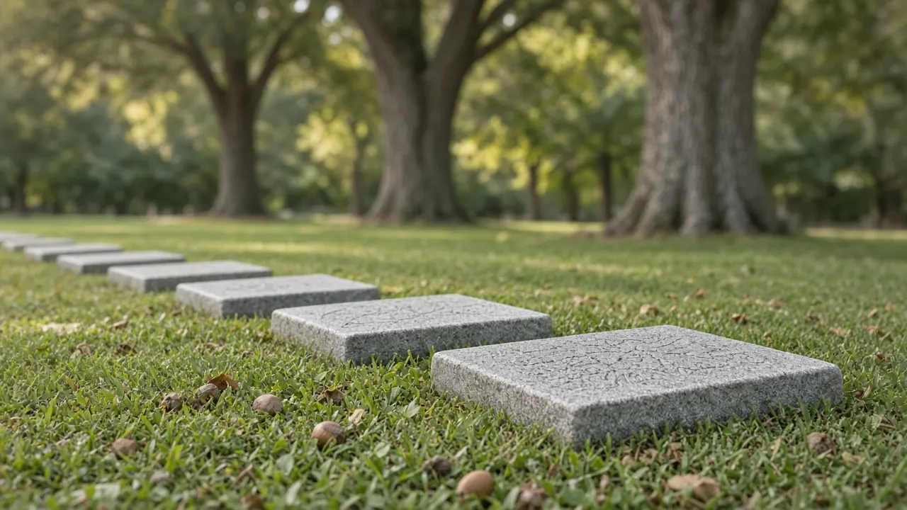 A neat row of flush grey granite pet markers set in mown grass at a quiet pet cemetery with oak trees in the background