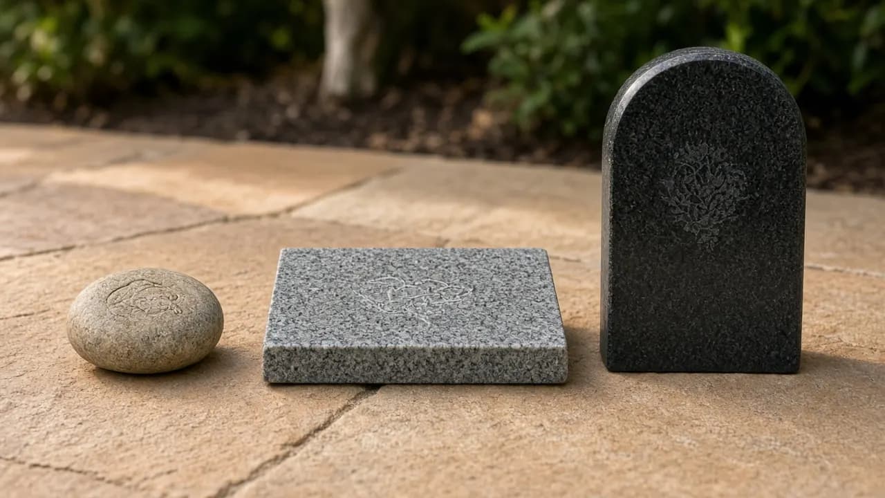 Three pet memorial markers in a row on a stone patio: a small engraved river rock, a flat grey granite marker and an upright black granite headstone, in soft afternoon light