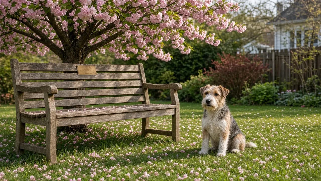 A weathered teak garden bench under a crab apple tree with a small brass plaque on the backrest and a terrier sitting on the grass beside it