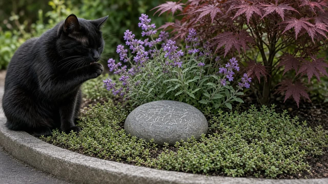 A small curved garden bed with a grey engraved river rock surrounded by catmint, creeping thyme and a young Japanese maple, with a black cat sitting at the edge