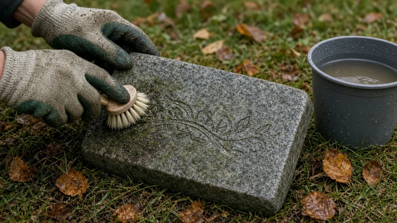 Hands in gardening gloves gently brushing moss from an engraved grey granite pet marker with a soft brush and a bucket of water