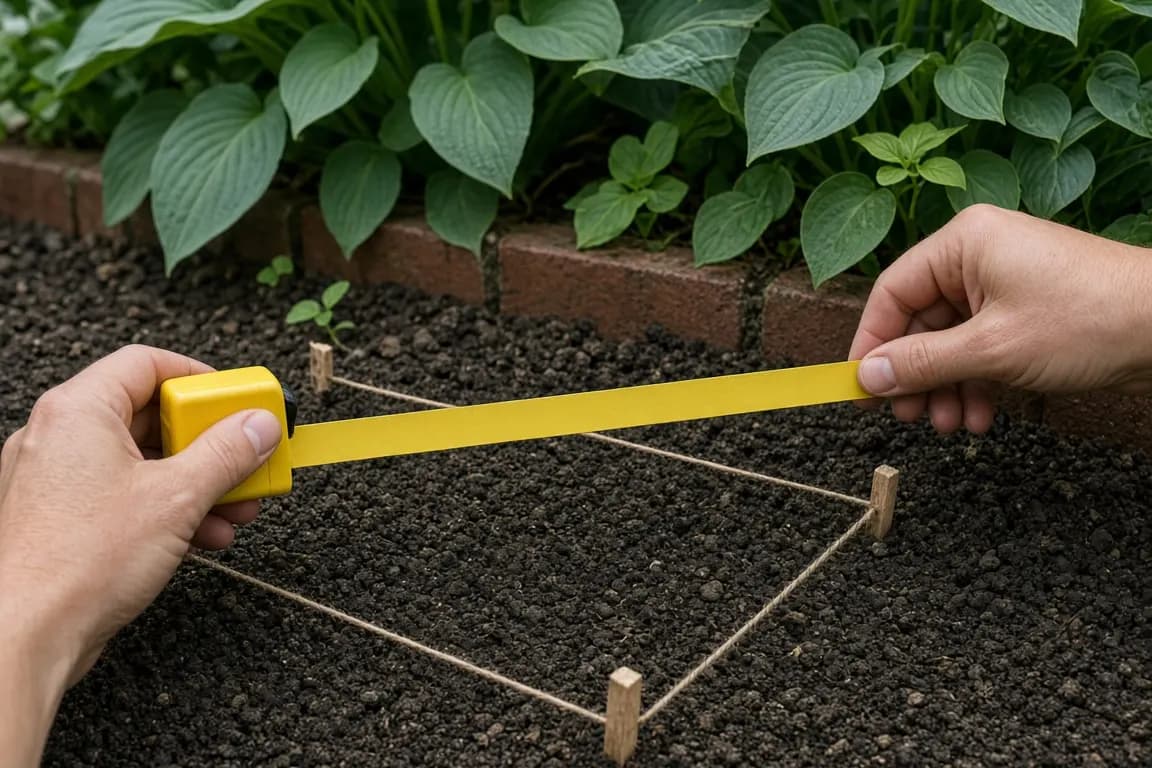 Hands measuring a patch of garden soil with a yellow tape measure beside a hosta border