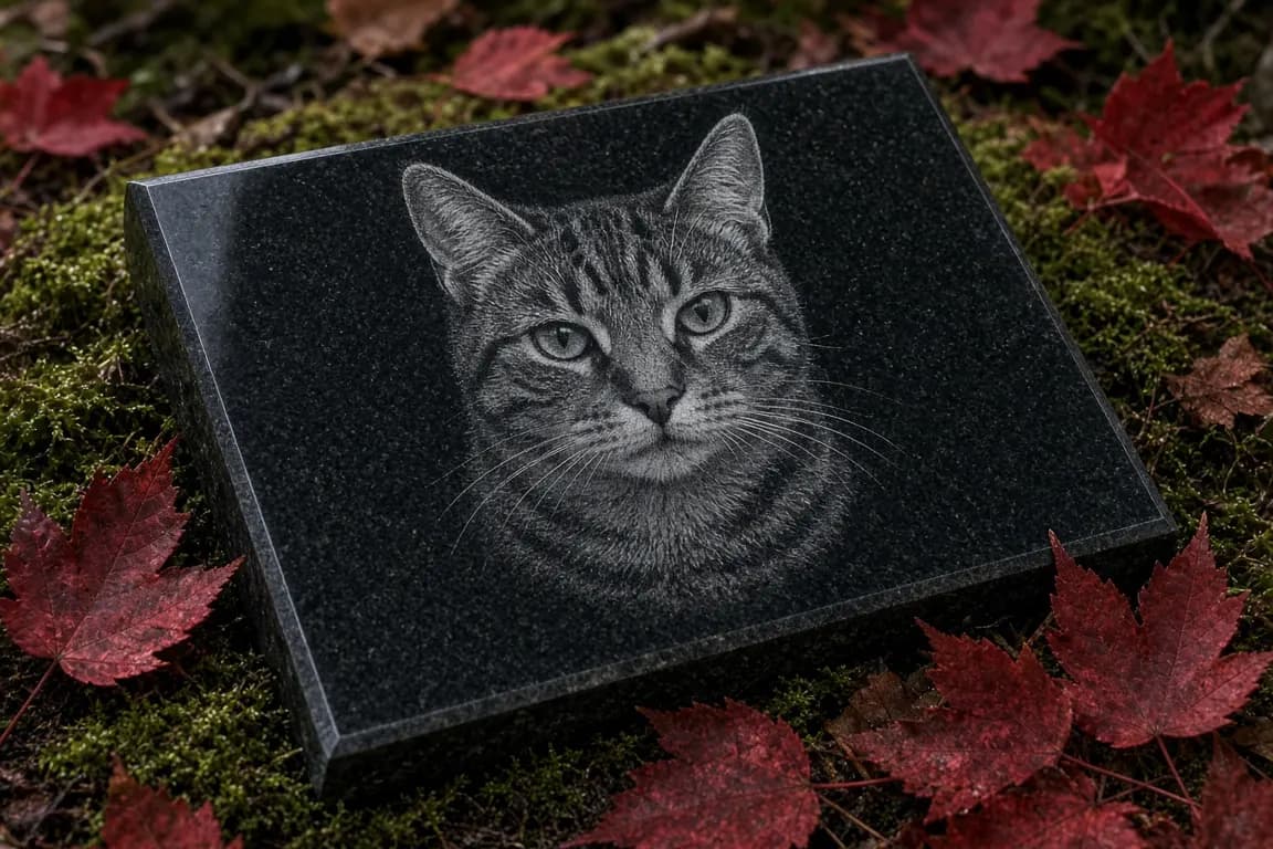 A black granite memorial stone with a finely etched portrait of a tabby cat resting among fallen maple leaves
