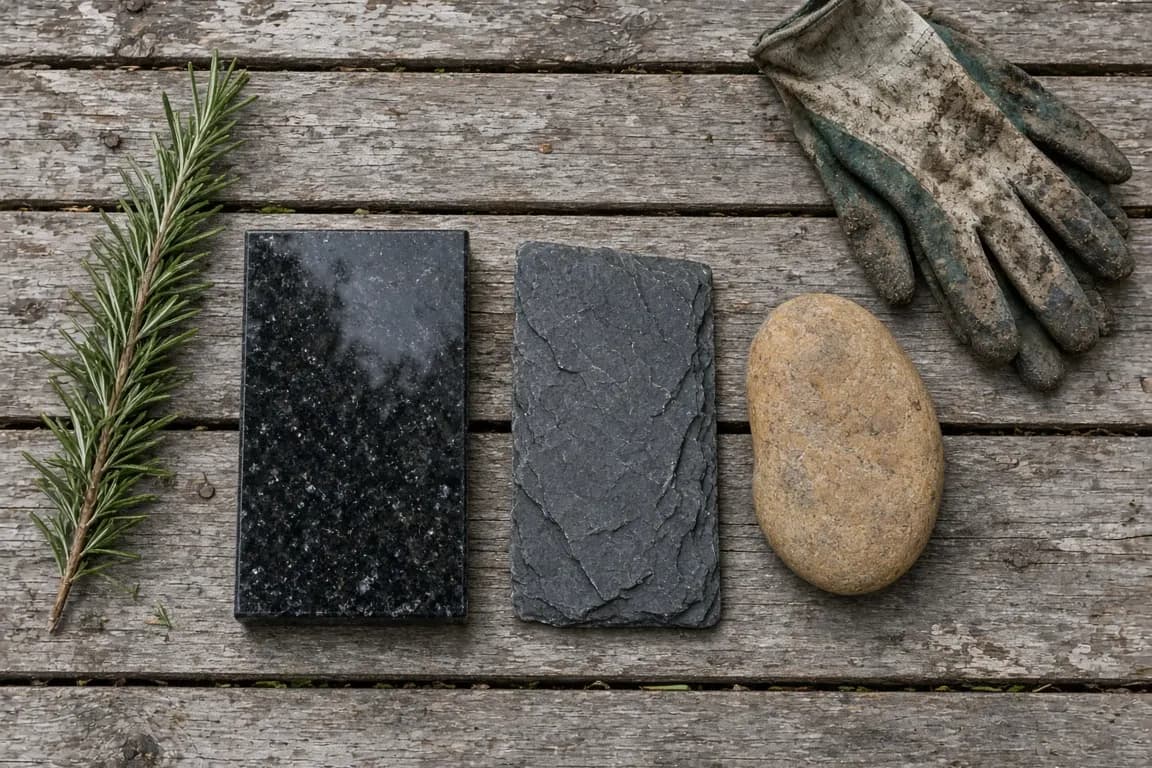 Three sample memorial stones in granite, slate and river rock laid side by side on a weathered wooden garden table