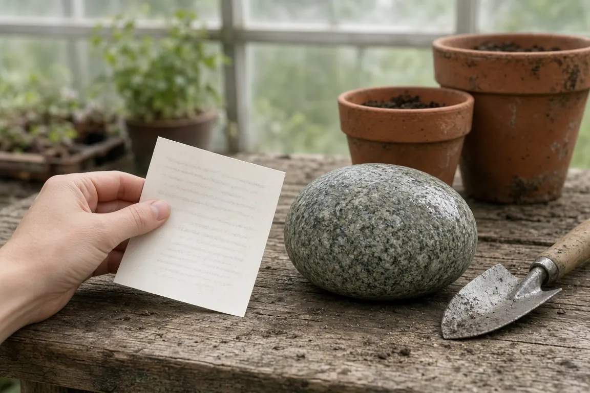 A paper lettering proof held beside a blank gray granite garden stone on a wooden potting bench