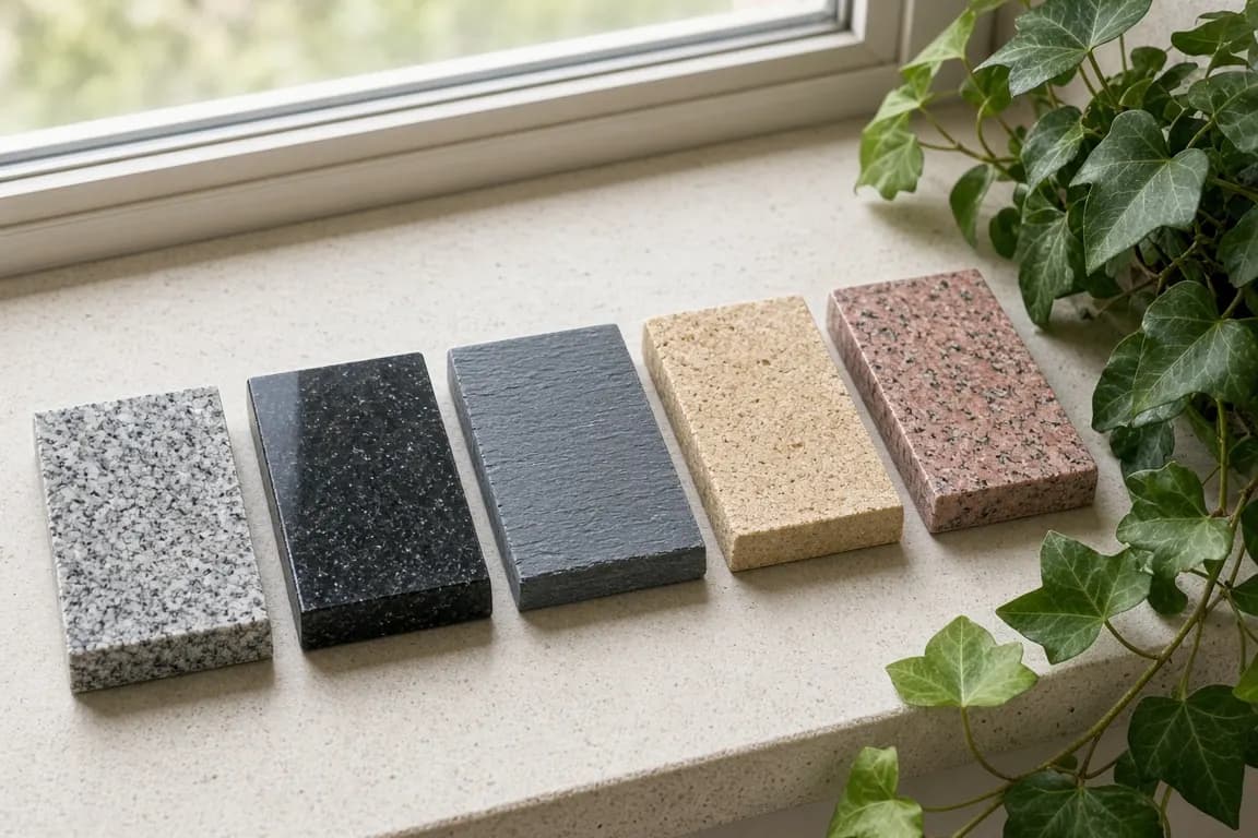 A row of small stone samples in granite, slate and sandstone lined up on a stone windowsill