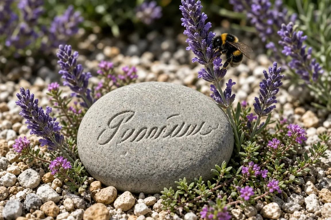 A smooth grey river rock engraved with a cat's name resting among lavender and thyme in a sunny border