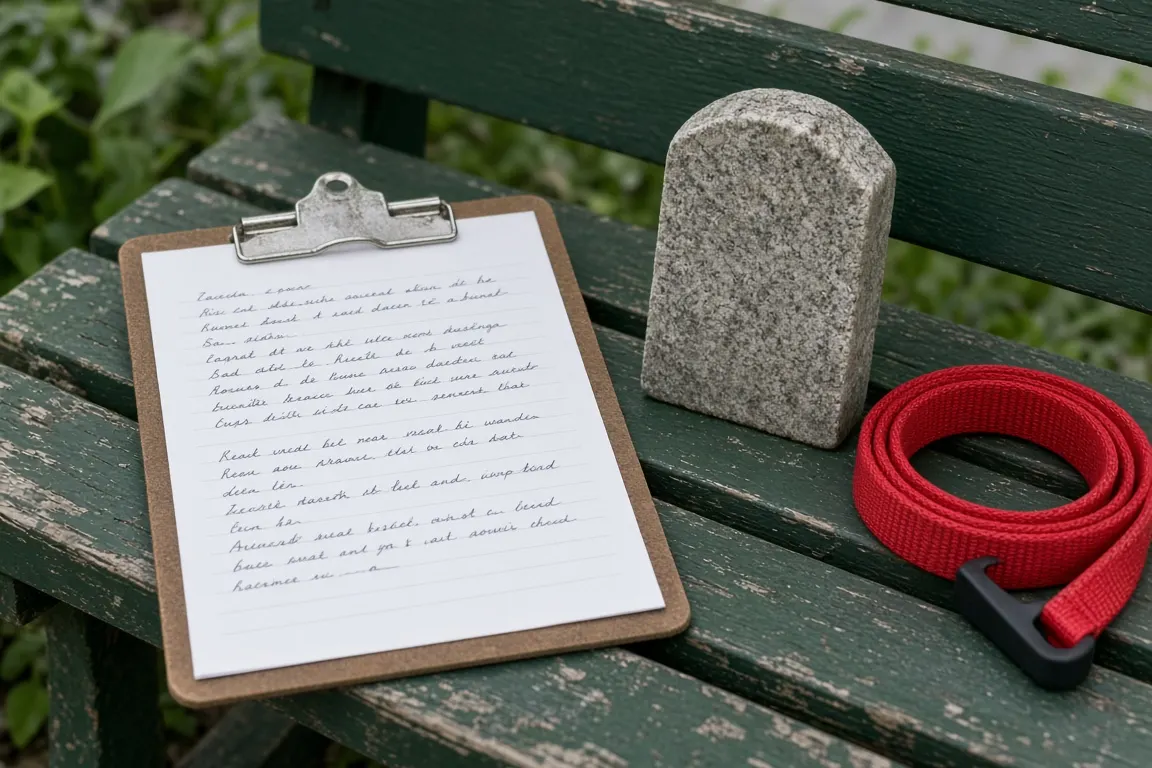 A handwritten budget list on a clipboard resting on a garden bench beside a small engraved granite stone and a terrier's lead