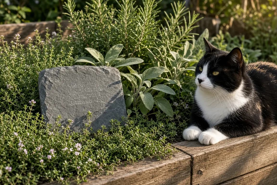 An engraved grey slate memorial stone for a cat set among thyme and rosemary in a sunny herb bed