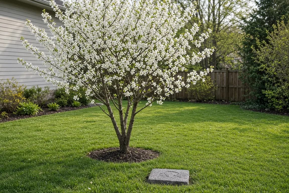 A young serviceberry tree in white spring blossom beside a small flat granite marker in a neat back lawn