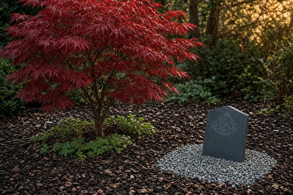 A young Japanese maple with red leaves beside a small engraved slate stone in a mulched garden bed