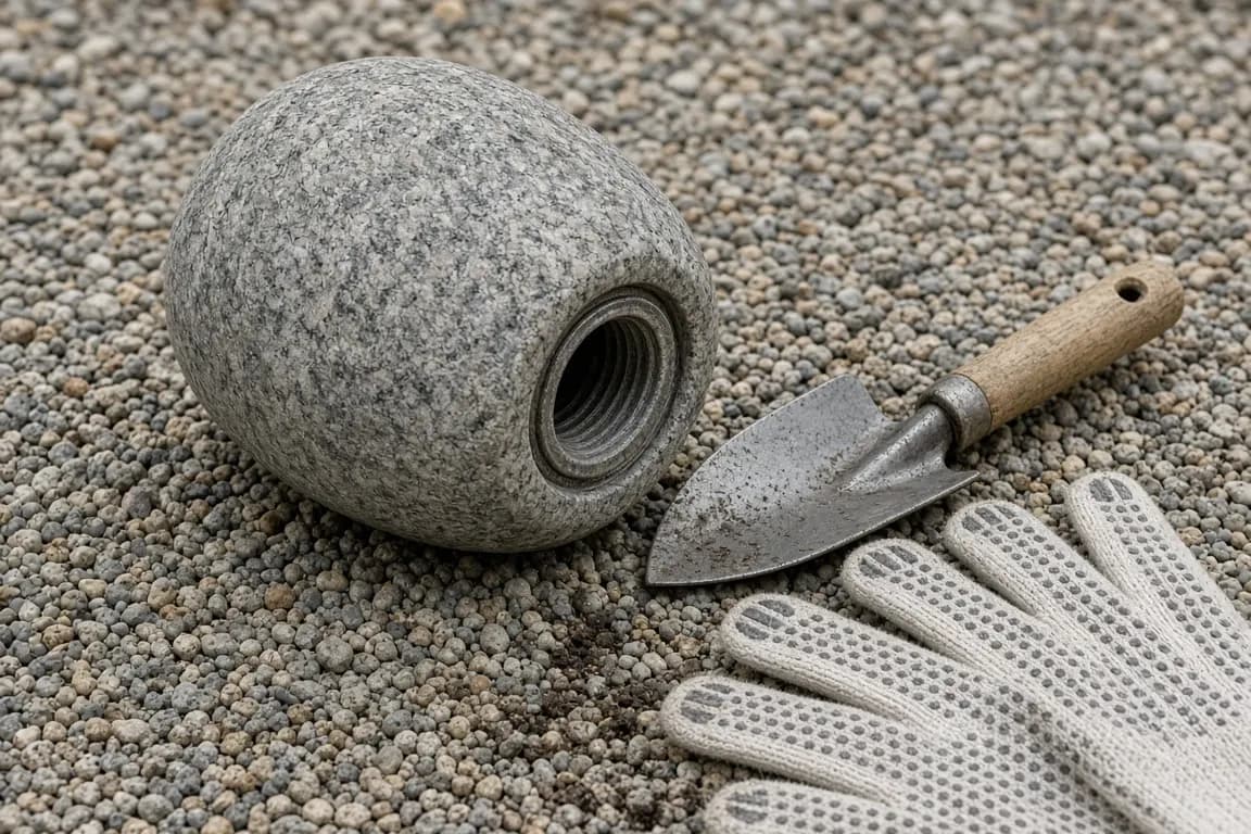 A hollow granite garden memorial stone turned on its side to show the sealed compartment beneath, next to a small trowel and gloves