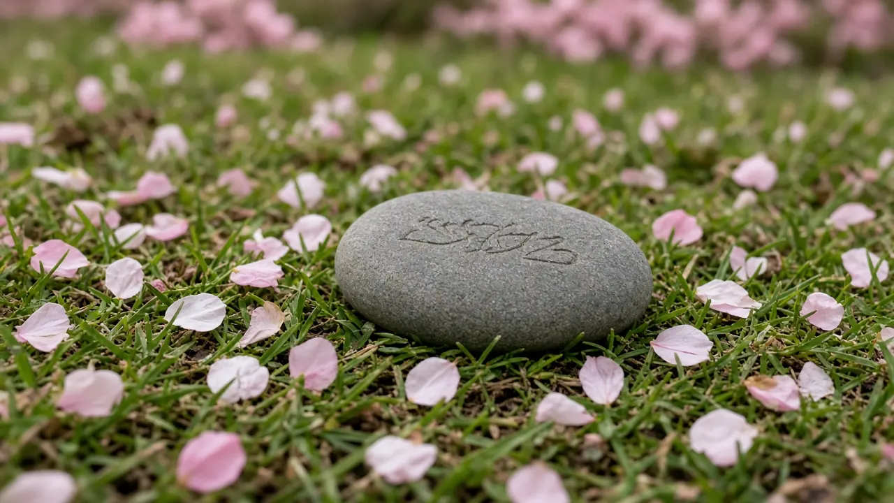 A smooth grey river rock engraved with a short tribute, resting among fallen cherry blossom petals in a spring garden