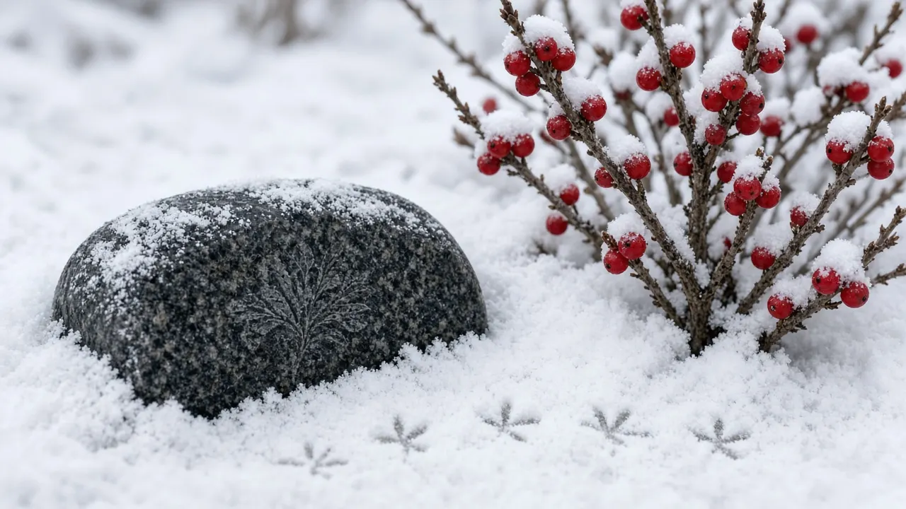 A small dark granite pet marker partly covered by fresh snow beside a red-berried winterberry shrub in a quiet backyard