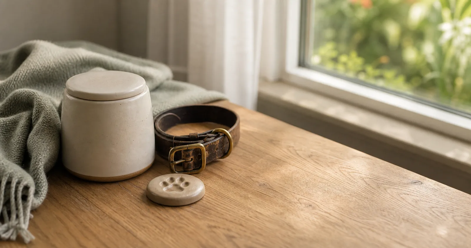 All Pets remembrance objects — AI-created editorial image, not a real facility